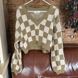 Ganni Olive and Cream V-Neck Checkered Sweater